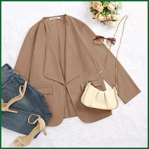 Casual Blazer with Roll Up Sleeves, Open Front, Pockets